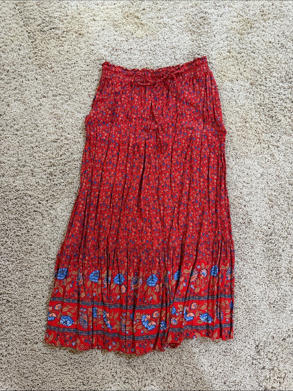 Red Floral Maxi Skirt with Blue Accents